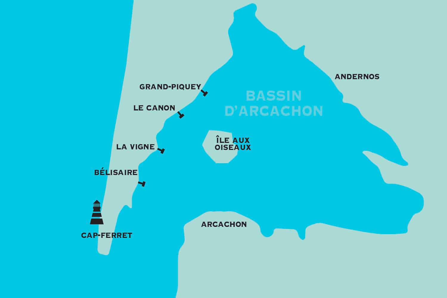 Carte des jetées d'embarquement pour les balades en pinasse au Cap Ferret